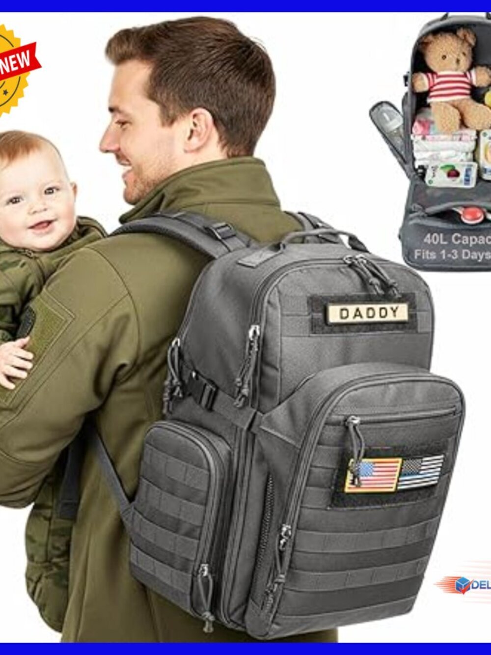 Large 40L Tactical Diaper Backpack with 16+ Compartments, Waterproof